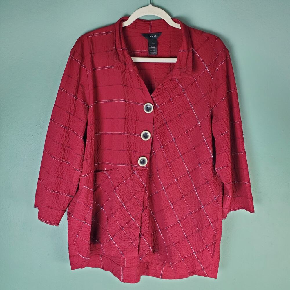 Ali Miles Womens Modern Timeless Button Front Cranberry Pucker Tunic Top Size L